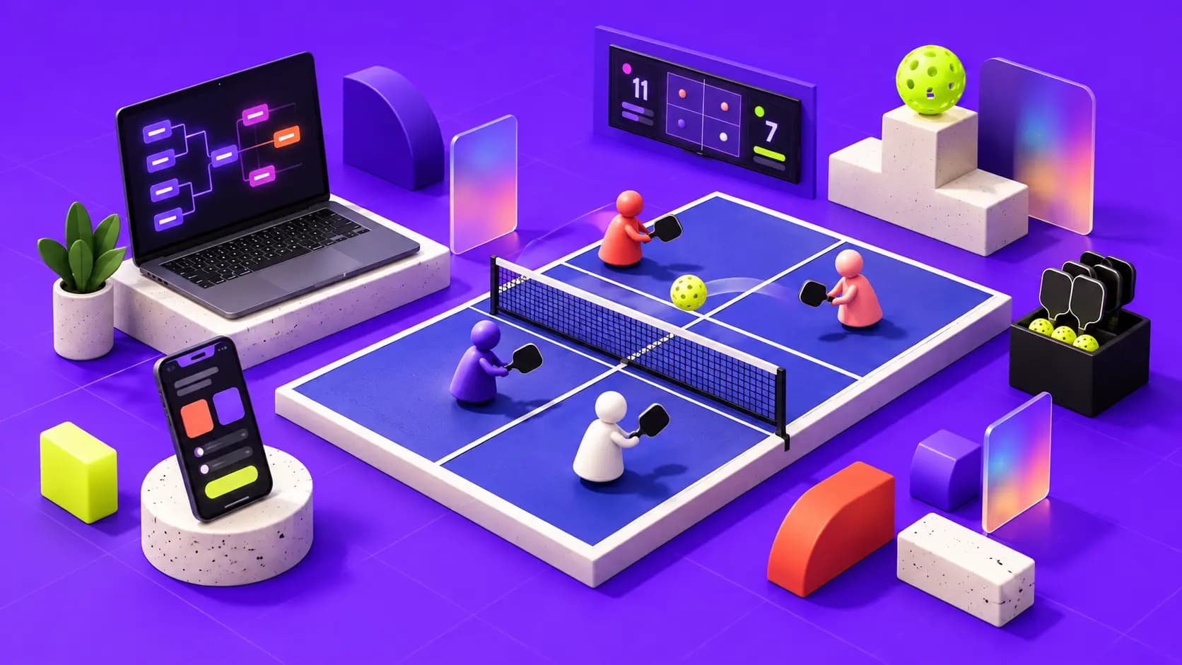 A miniature pickleball event with four players, a wall-mounted scoreboard, live scoring phone, organizer laptop and a lime pickleball on the podium