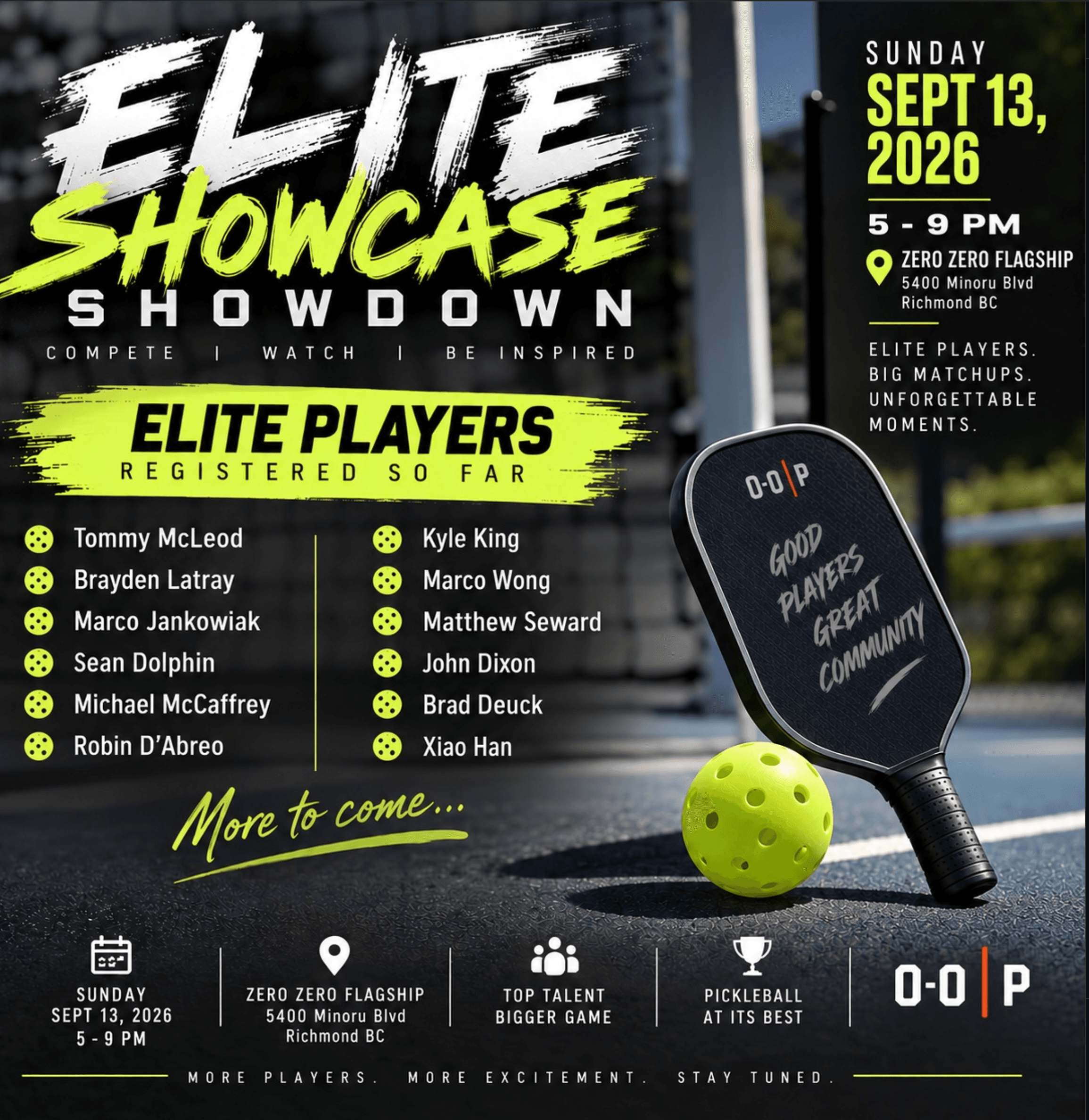 Elite Showcase Showdown event poster — Sunday, Sept 13, 2026, 5–9 PM at Zero Zero Flagship, Richmond BC